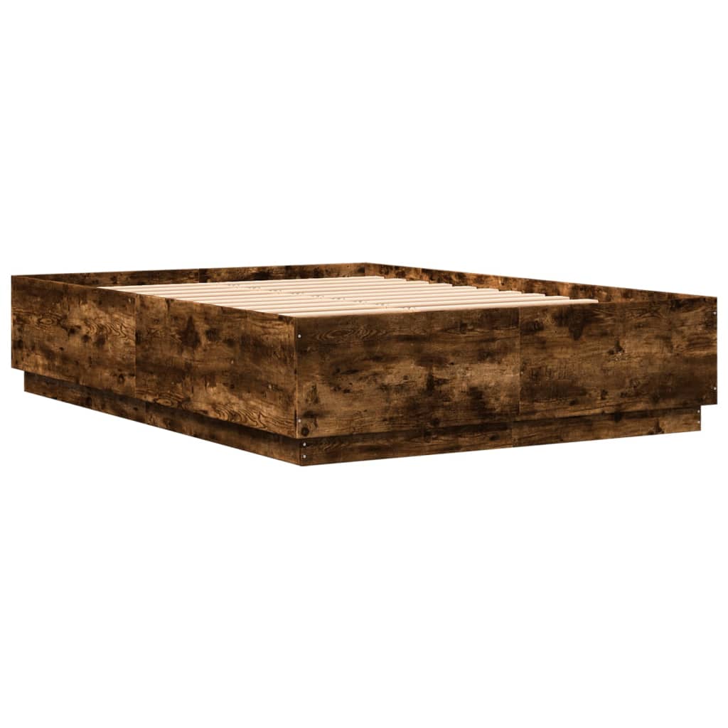 vidaXL Πλαίσιο Κρεβατιού Φώτα LED Καπνιστή Δρυς 140x200 εκ.Επεξ. Ξύλο