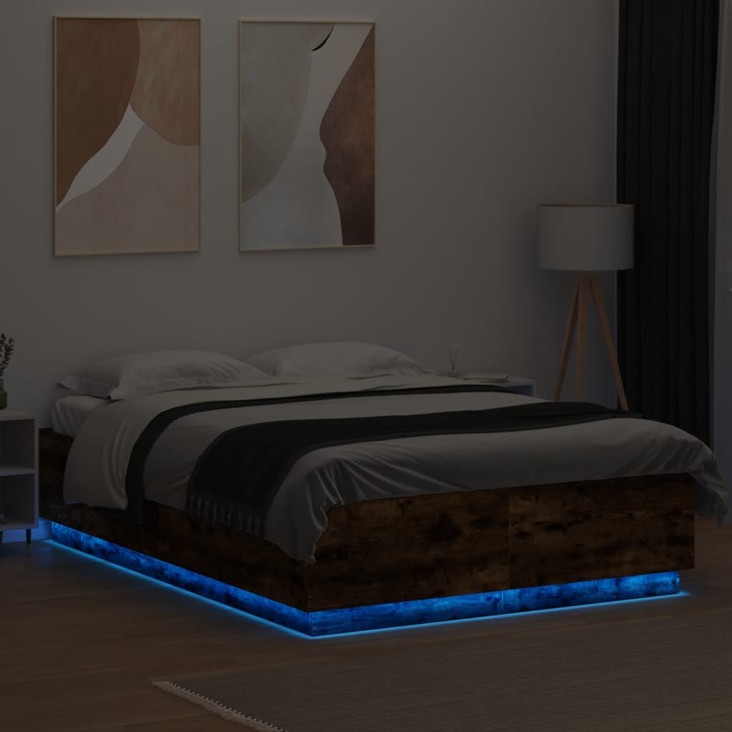 vidaXL Πλαίσιο Κρεβατιού Φώτα LED Καπνιστή Δρυς 140x200 εκ.Επεξ. Ξύλο