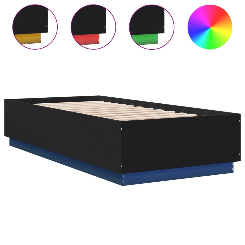 vidaXL Πλαίσιο Κρεβατιού με LED Μαύρο 90x200 εκ. Επεξεργ. Ξύλο