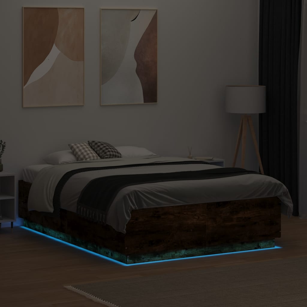 vidaXL Πλαίσιο Κρεβατιού με LED Καπνιστή Δρυς 135x190εκ. Επεξ. Ξύλο