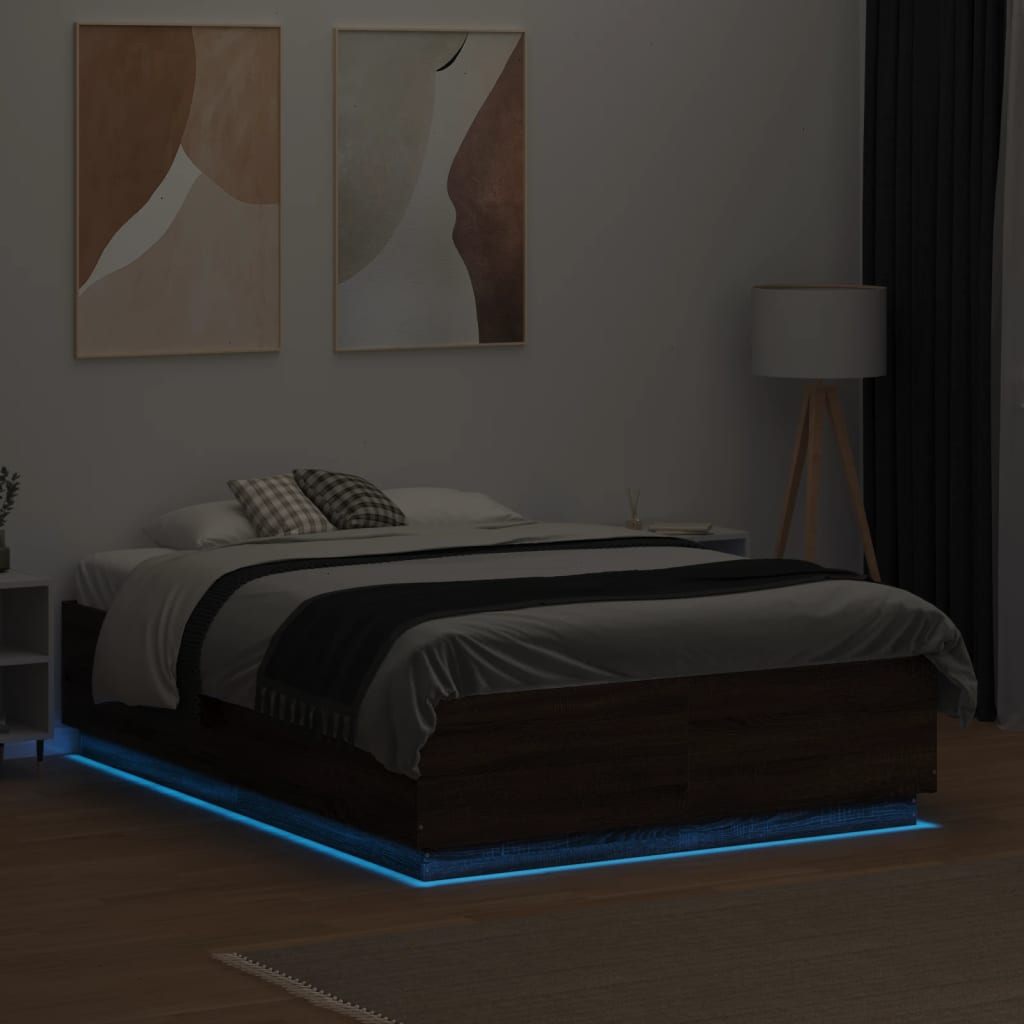 vidaXL Πλαίσιο Κρεβατιού με LED Καφέ Δρυς 135x190εκ. Επεξ. Ξύλο