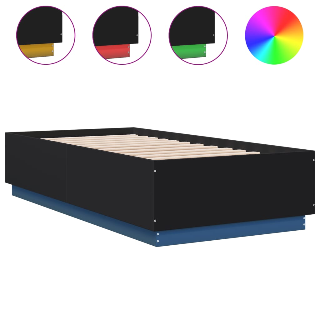vidaXL Πλαίσιο Κρεβατιού με LED Μαύρο 90x190 εκ. Επεξ. Ξύλο
