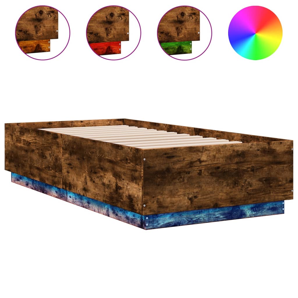 vidaXL Πλαίσιο Κρεβατιού με LED Καπνιστή Δρυς 90x190 εκ. Επεξεργ. Ξύλο