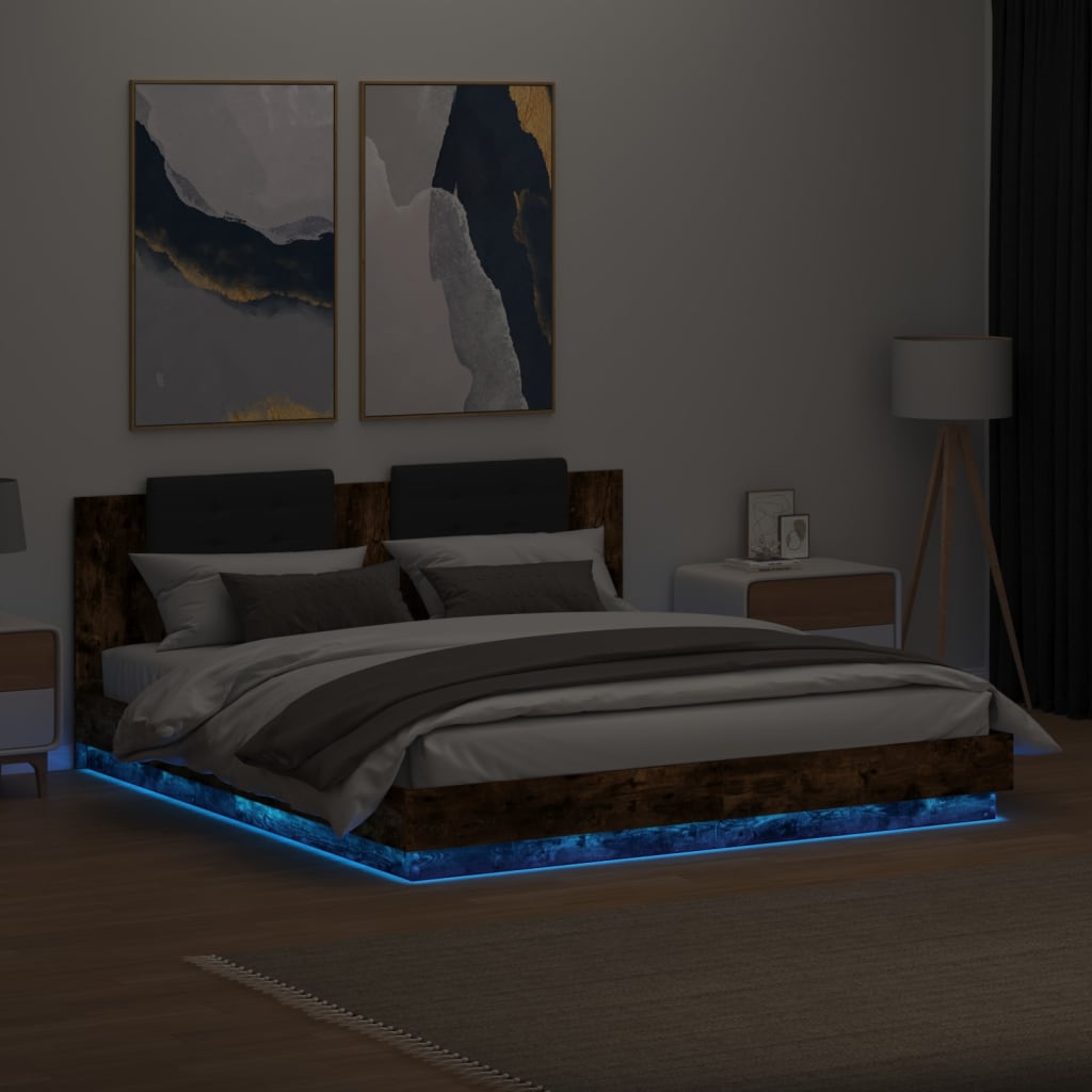 vidaXL Πλαίσιο Κρεβατιού με Κεφαλάρι/LED Καπν. Δρυς 200x200 εκ.