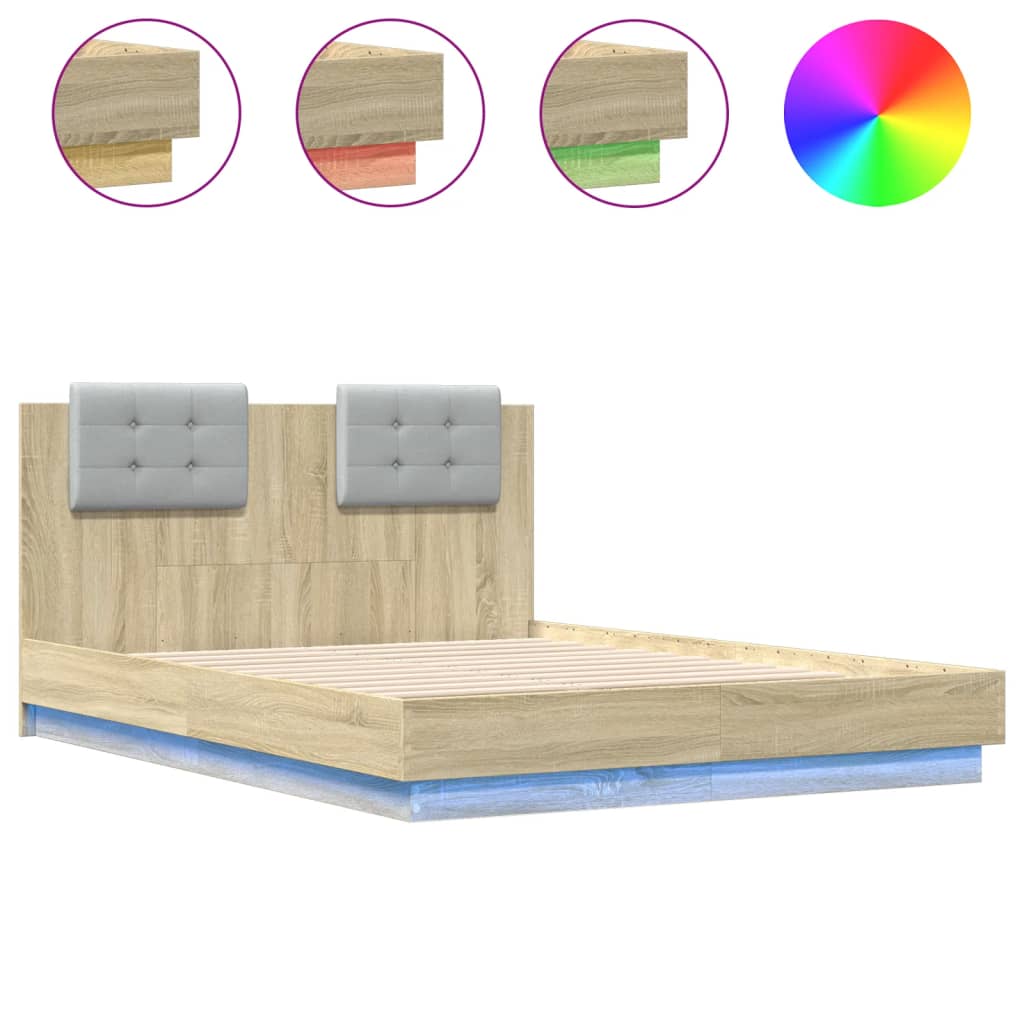 vidaXL Πλαίσιο Κρεβατιού με Κεφαλάρι/LED Sonoma δρυς 135x190 εκ.