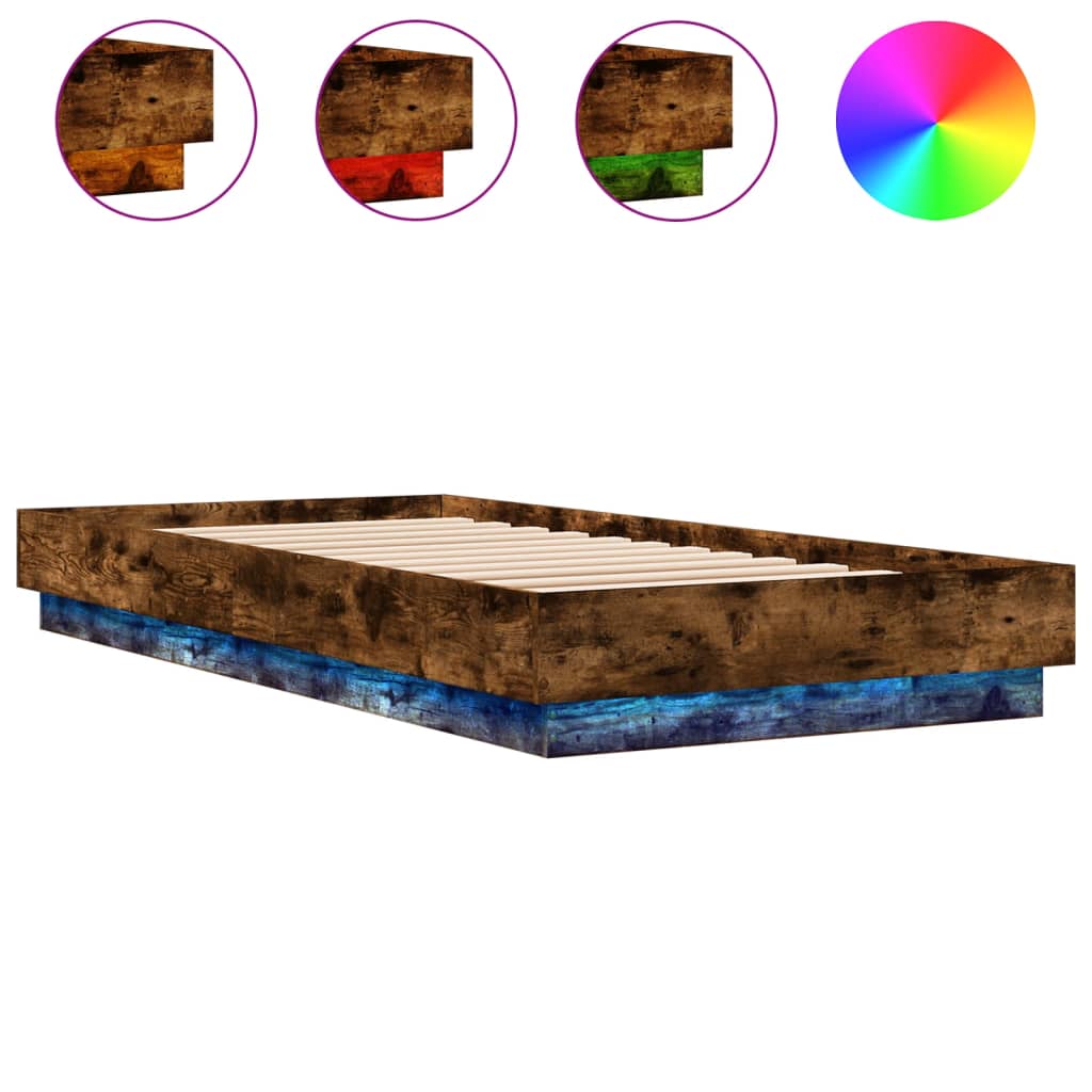 vidaXL Πλαίσιο Κρεβατιού με λυχνίες LED Καπνιστή Δρυς 90x200 εκ.