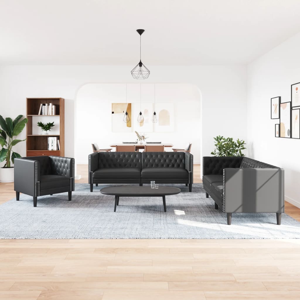vidaXL Σετ Καναπέδων Chesterfield 3 Τεμαχίων από Μαύρο Συνθετικό Δέρμα