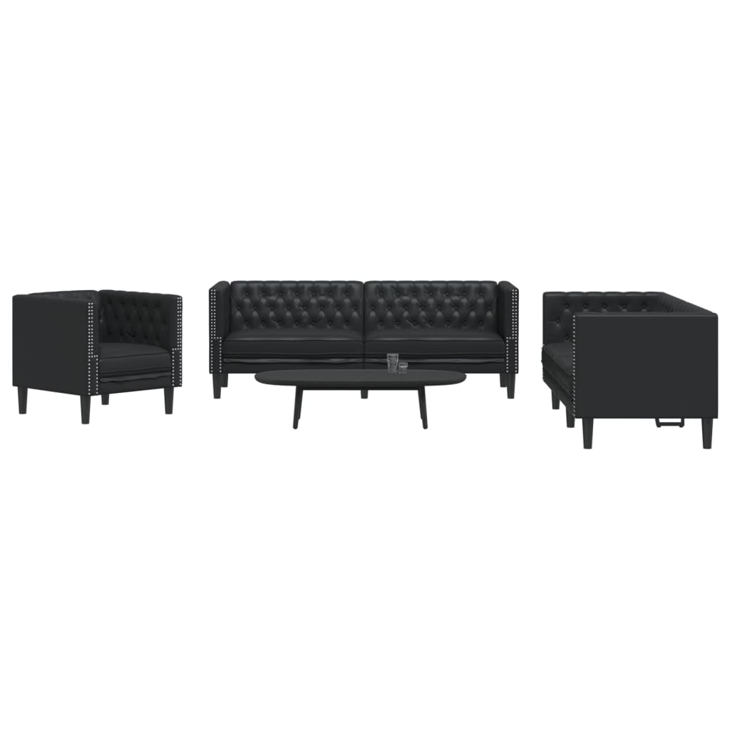 vidaXL Σετ Καναπέδων Chesterfield 3 Τεμαχίων από Μαύρο Συνθετικό Δέρμα