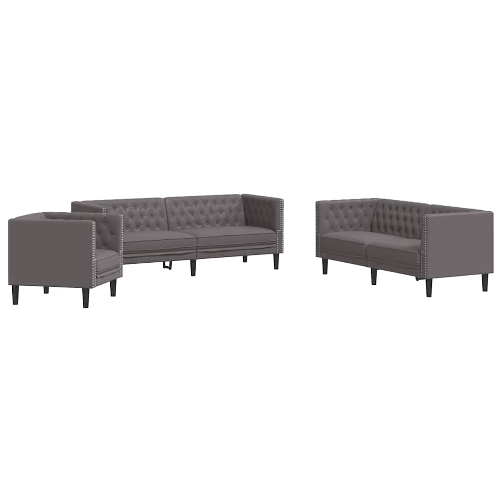 vidaXL Σετ Καναπέδων Chesterfield 3 Τεμαχίων από Γκρι Συνθετικό Δέρμα