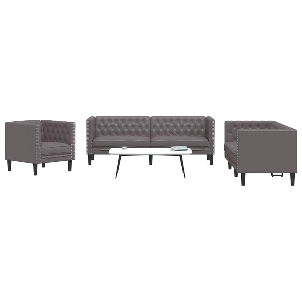 vidaXL Σετ Καναπέδων Chesterfield 3 Τεμαχίων από Γκρι Συνθετικό Δέρμα