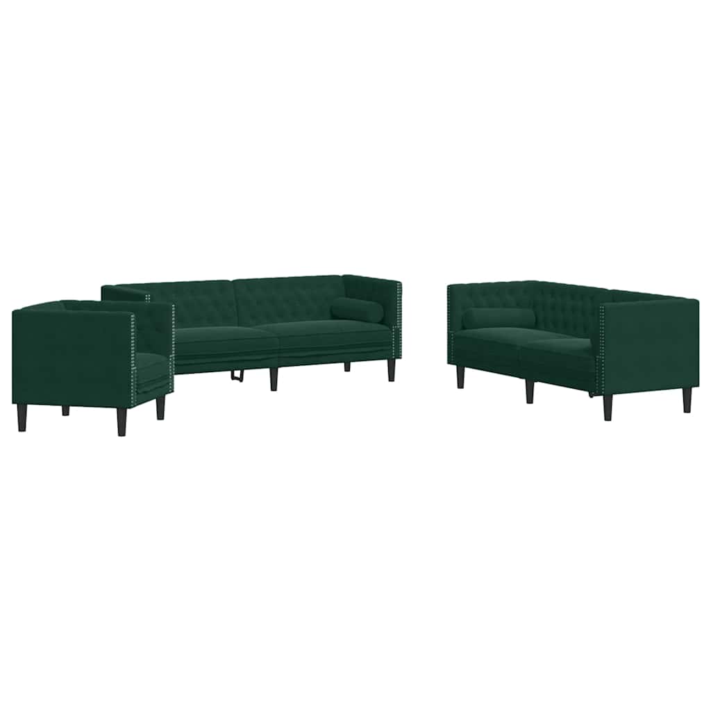 vidaXL Καναπές Chesterfield 3τεμαχίων μαξιλάρια σκούρο πράσινο βελούδο