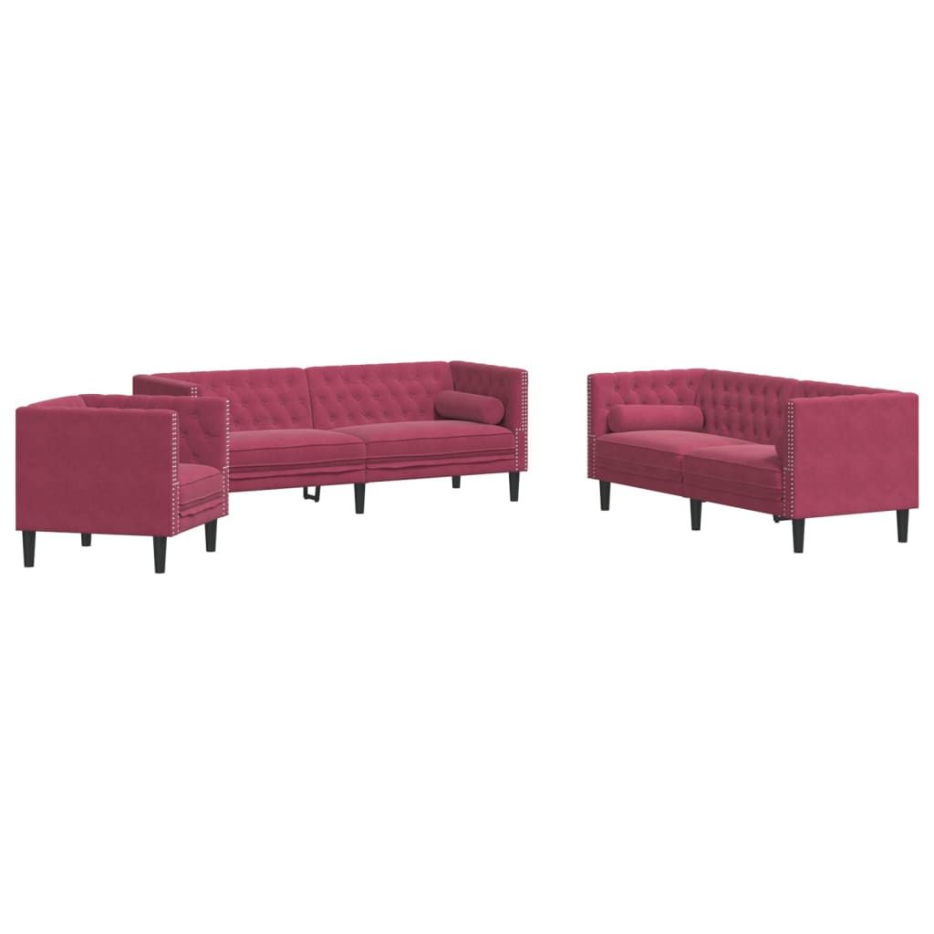 vidaXL Καναπές Chesterfield Σετ 3 Τεμ. με Στηρίγματα Μπορντό Βελούδο