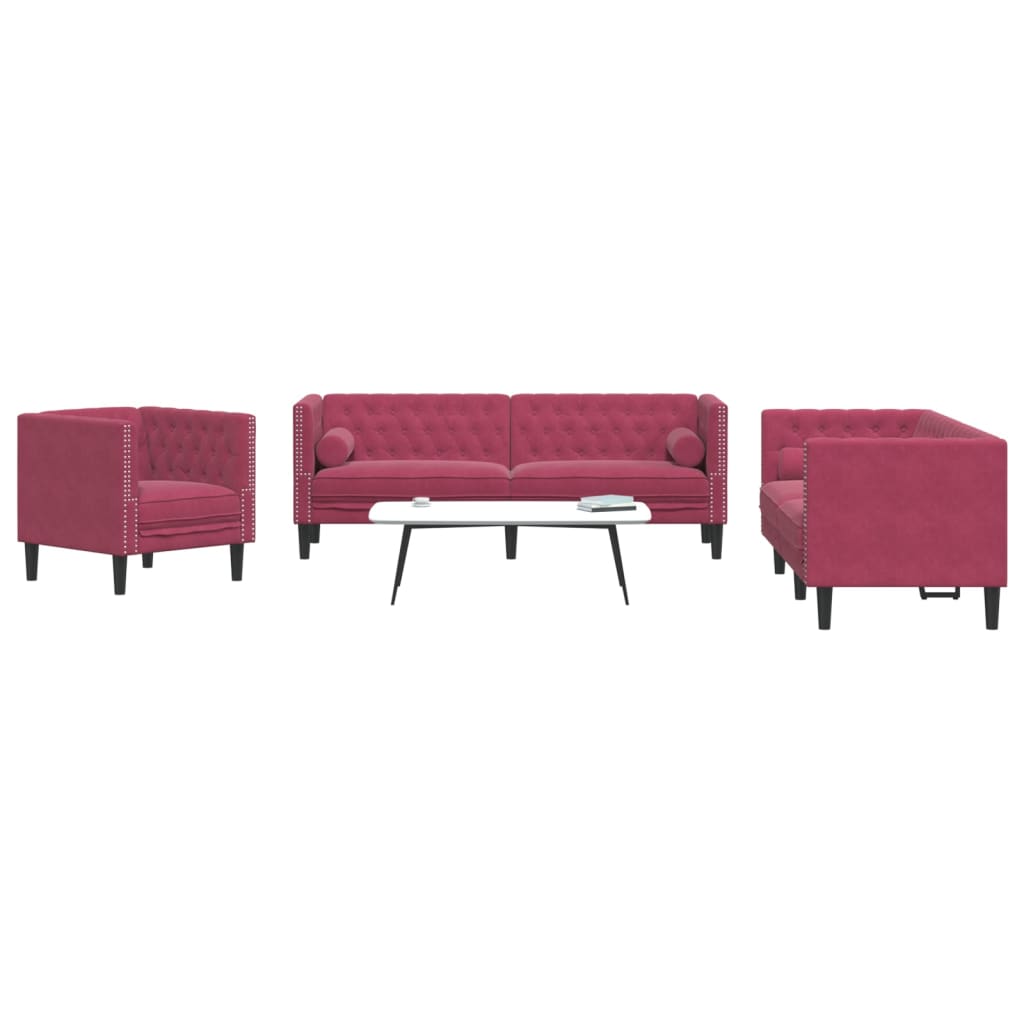 vidaXL Καναπές Chesterfield Σετ 3 Τεμ. με Στηρίγματα Μπορντό Βελούδο