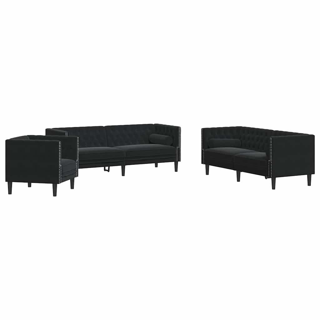 vidaXL Καναπές Chesterfield Σετ 3 Τεμ. με Στηρίγματα Μαύρο Βελούδο