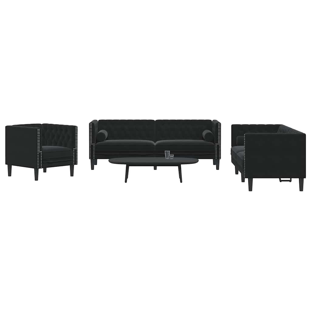vidaXL Καναπές Chesterfield Σετ 3 Τεμ. με Στηρίγματα Μαύρο Βελούδο