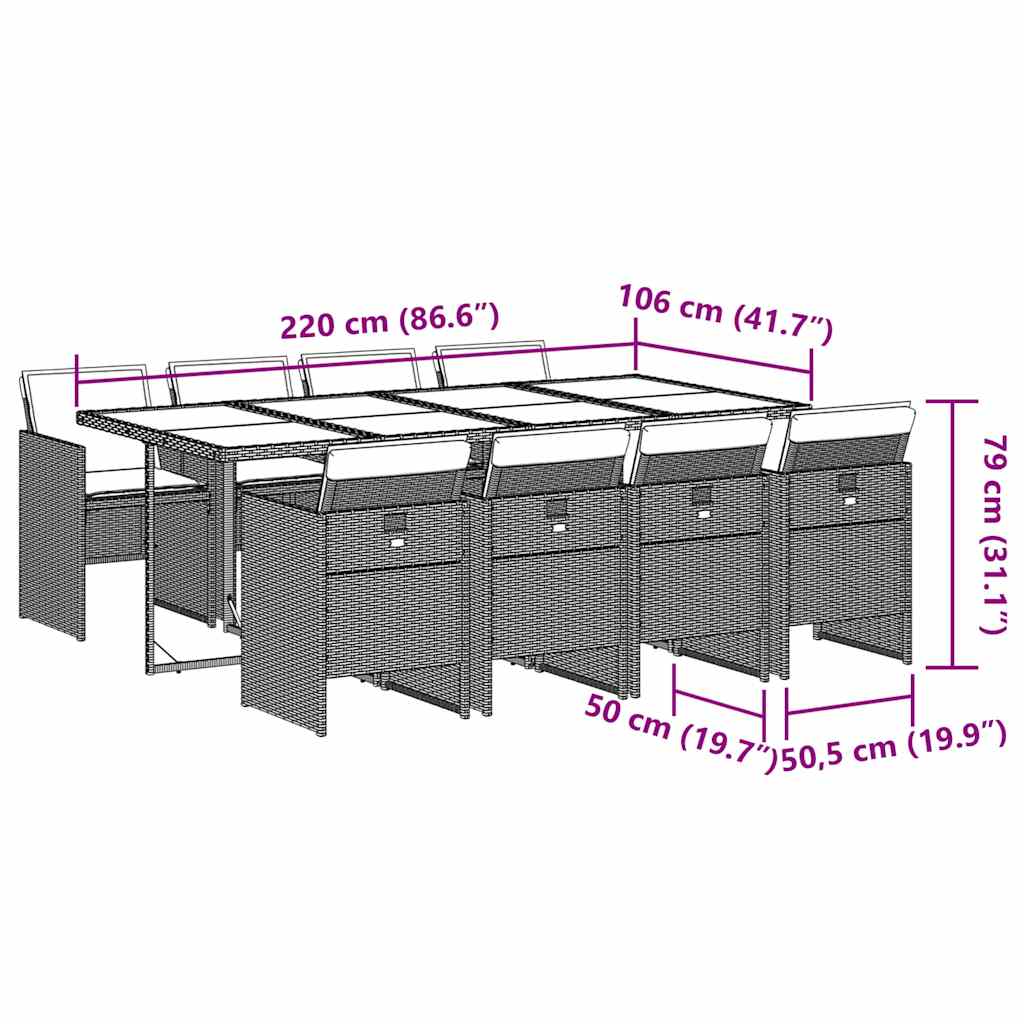 vidaXL Σετ Τραπεζαρίας Κήπου 9 τεμ. Αν. Γκρι Συνθ. Ρατάν με Μαξιλάρια