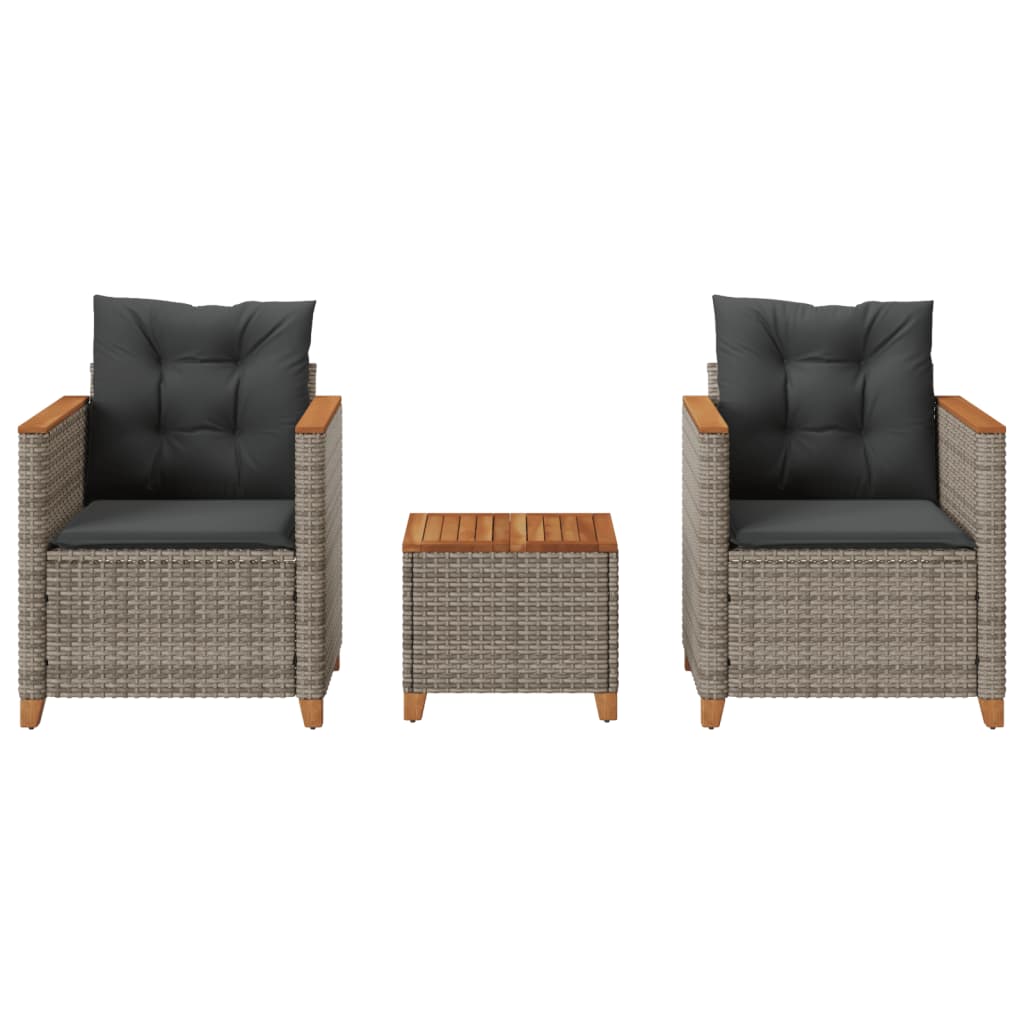 vidaXL Σετ Επίπλων Bistro 3 τεμ. Γκρι Συνθ. Ρατάν/Ακακία + Μαξιλάρια