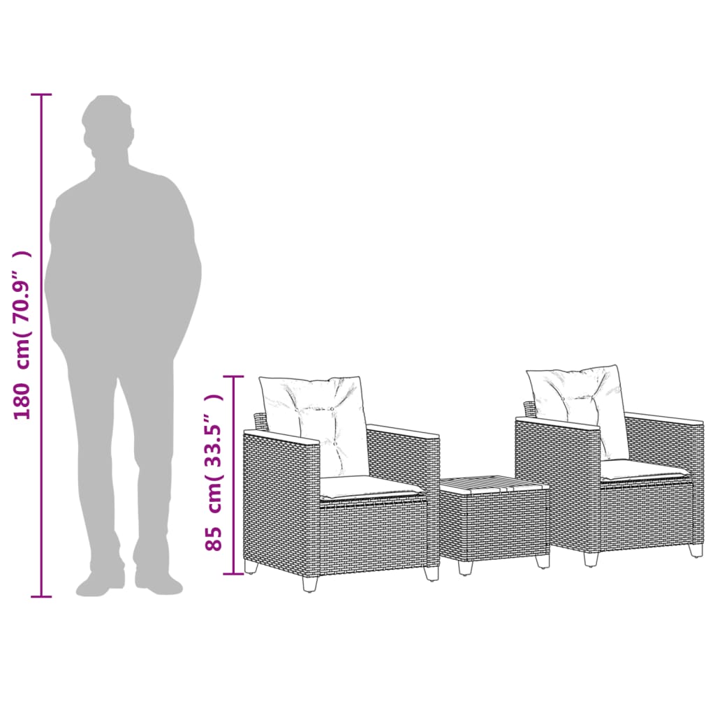 vidaXL Σετ Επίπλων Bistro 3 τεμ. Γκρι Συνθ. Ρατάν/Ακακία + Μαξιλάρια