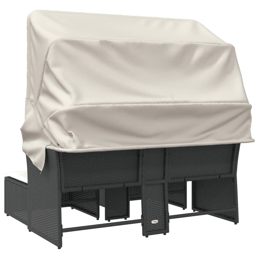 vidaXL Καναπές Κήπου Διθέσιος με Σκίαστρο & Σκαμπό Μαύρος Συνθ. Ρατάν