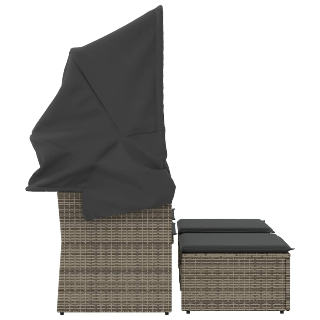 vidaXL Καναπές Κήπου Διθέσιος με Σκίαστρο & Σκαμπό Γκρι Συνθ. Ρατάν