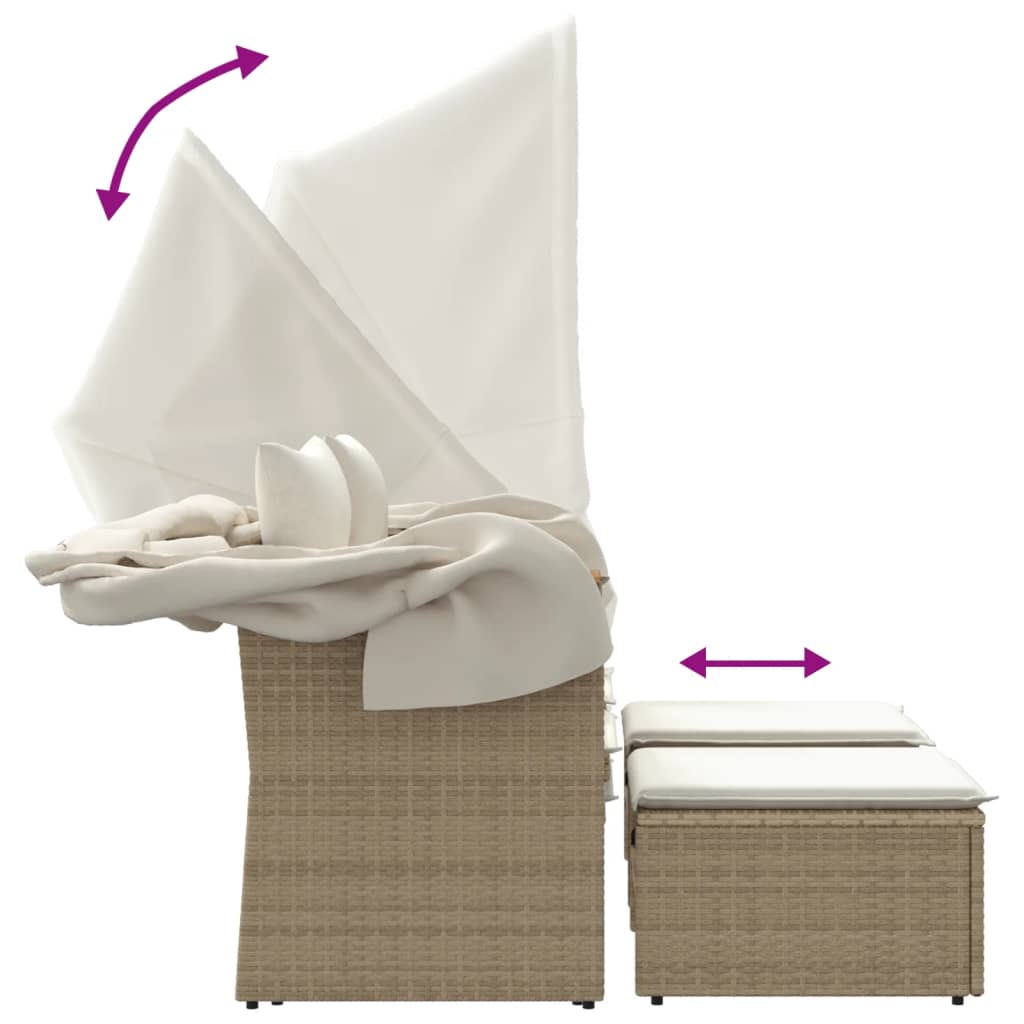 vidaXL Καναπές Κήπου Διθέσιος με Σκίαστρο & Σκαμπό Μπεζ Συνθ. Ρατάν