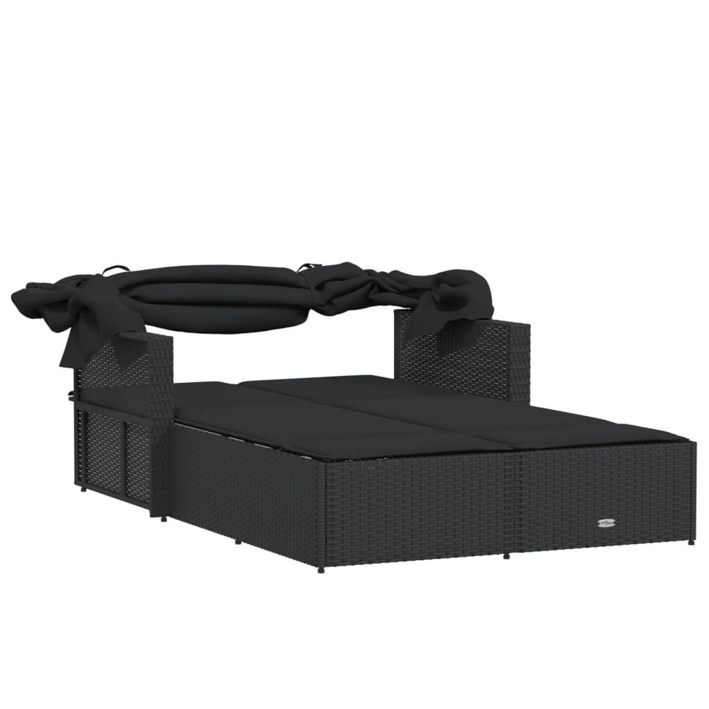 vidaXL Ξαπλώστρα Διπλή Μαύρη Συνθετικό Ρατάν με Σκίαστρο και Μαξιλάρια