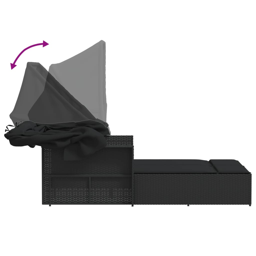 vidaXL Ξαπλώστρα Διπλή Μαύρη Συνθετικό Ρατάν με Σκίαστρο και Μαξιλάρια