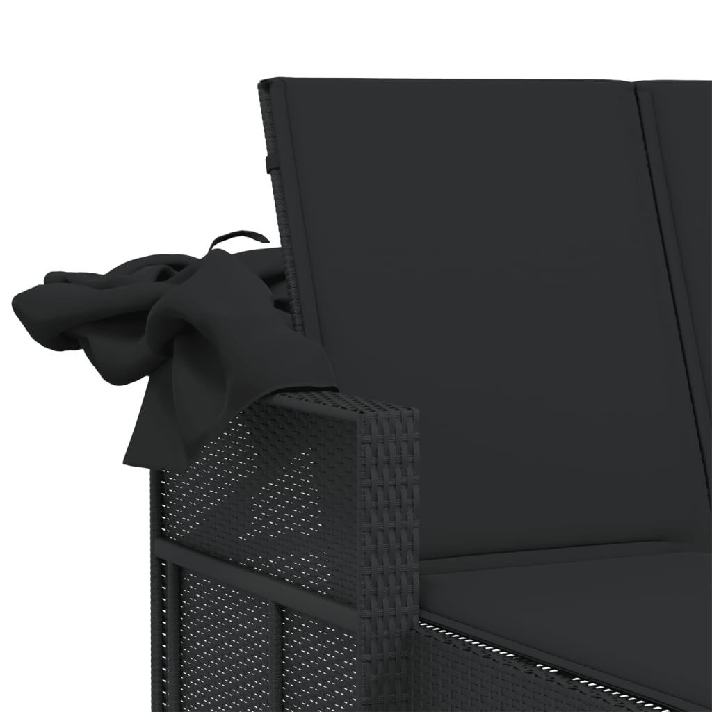 vidaXL Ξαπλώστρα Διπλή Μαύρη Συνθετικό Ρατάν με Σκίαστρο και Μαξιλάρια