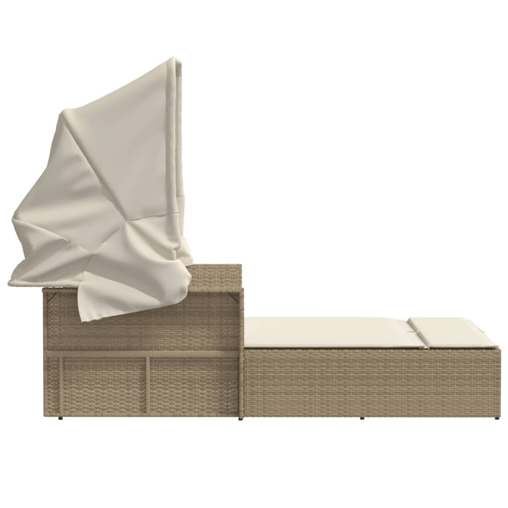 vidaXL Ξαπλώστρα Διπλή Μπεζ Συνθετικό Ρατάν με Σκίαστρο και Μαξιλάρια