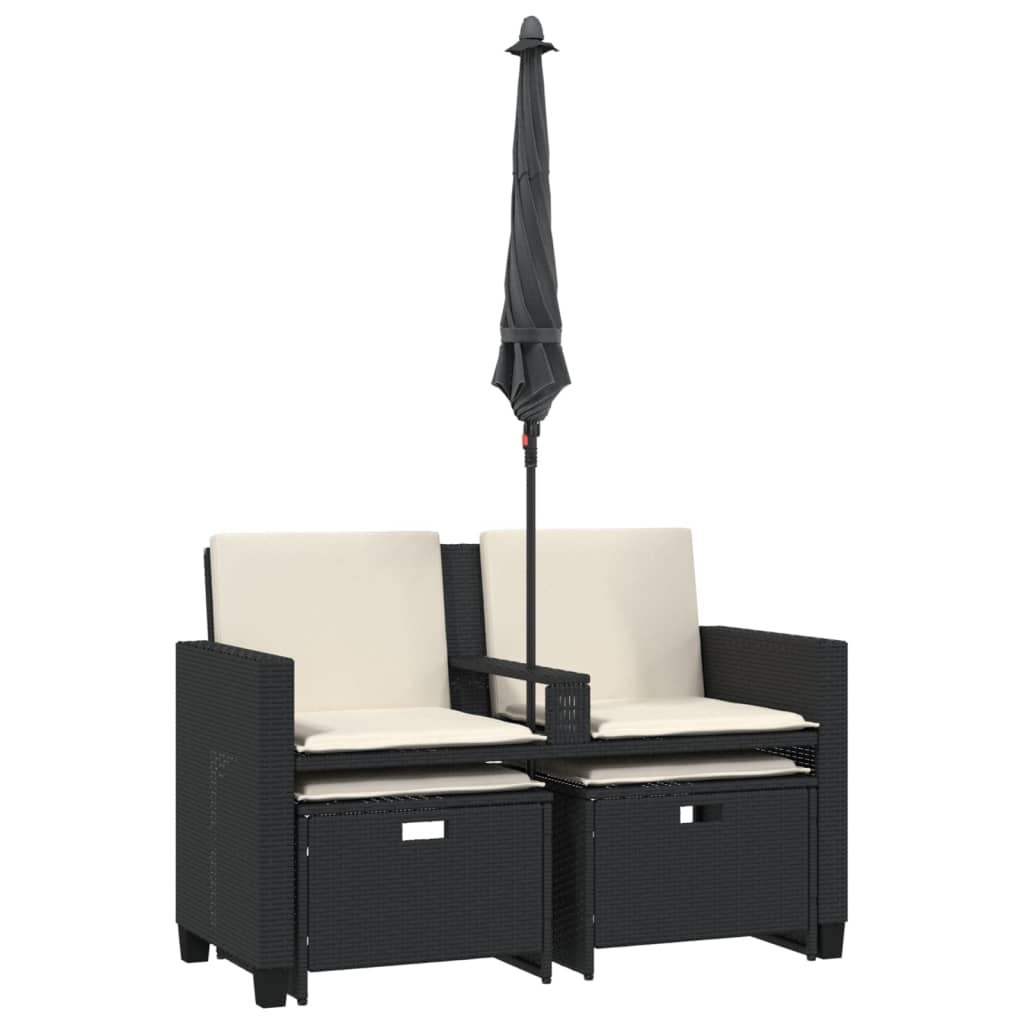 vidaXL Καναπές Κήπου Διθέσιος με Ομπρέλα & Σκαμπό Μαύρος Συνθ. Ρατάν