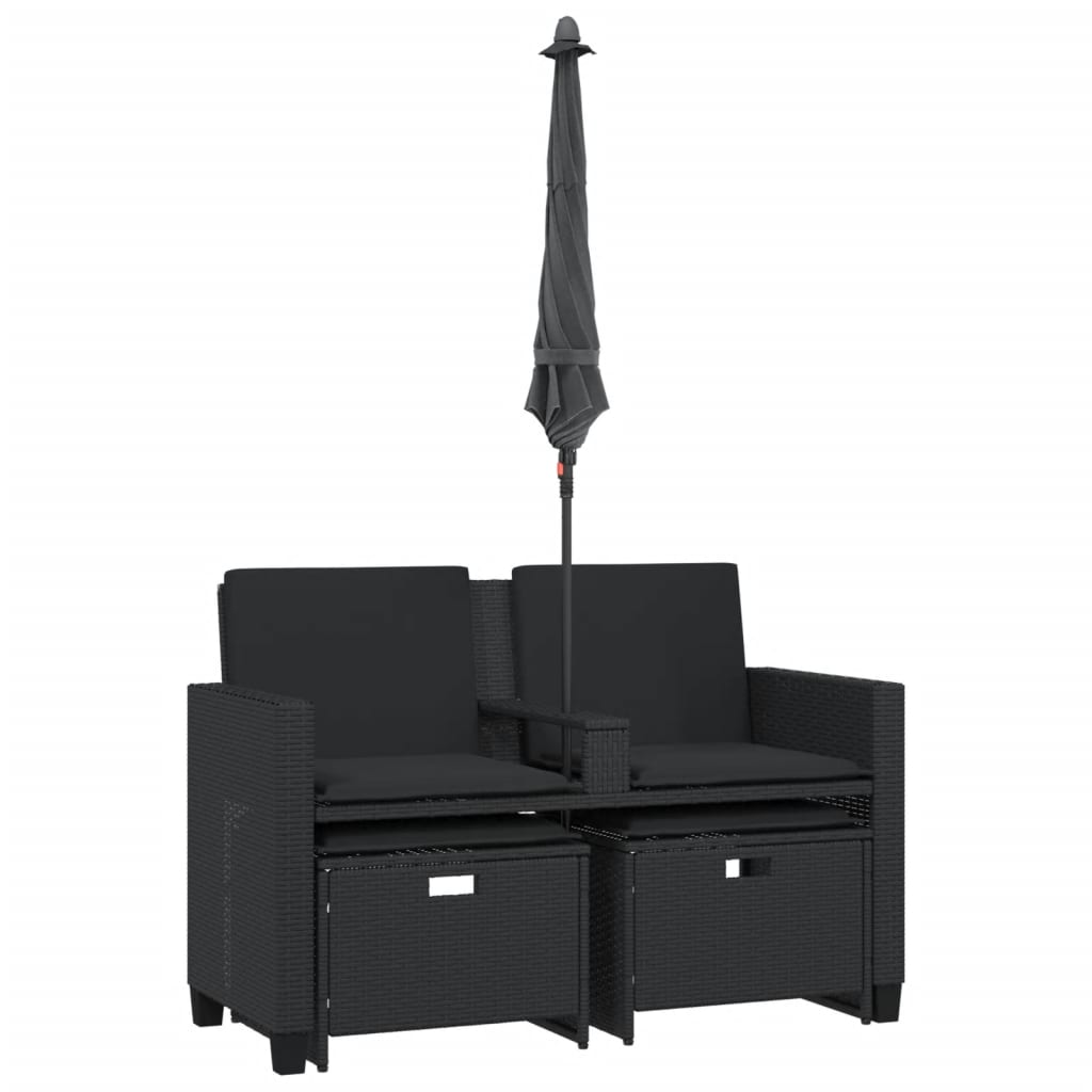 vidaXL Καναπές Κήπου Διθέσιος με Ομπρέλα & Σκαμπό Μαύρος Συνθ. Ρατάν