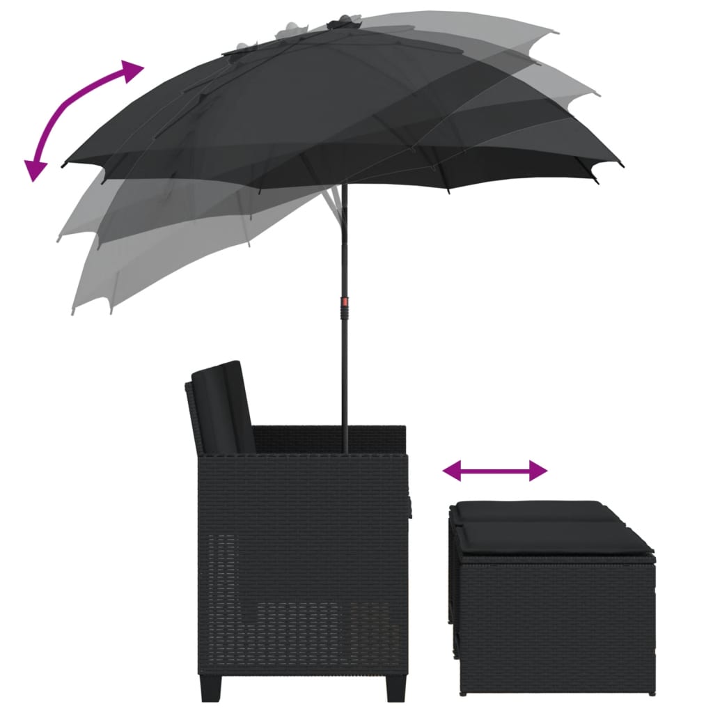vidaXL Καναπές Κήπου Διθέσιος με Ομπρέλα & Σκαμπό Μαύρος Συνθ. Ρατάν