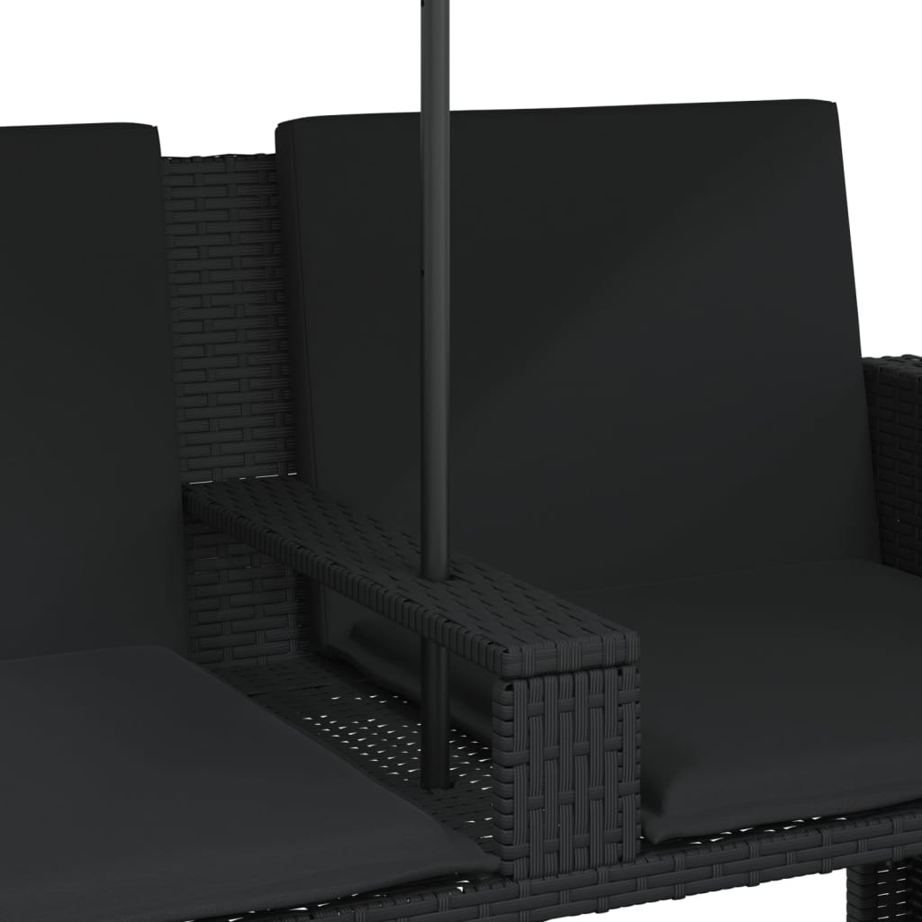 vidaXL Καναπές Κήπου Διθέσιος με Ομπρέλα & Σκαμπό Μαύρος Συνθ. Ρατάν