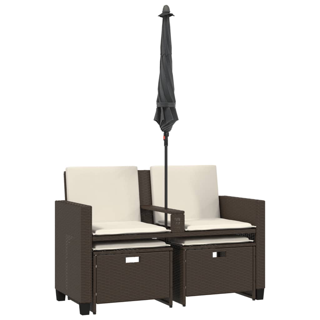 vidaXL Καναπές Κήπου Διθέσιος με Ομπρέλα & Σκαμπό Καφέ Συνθ. Ρατάν