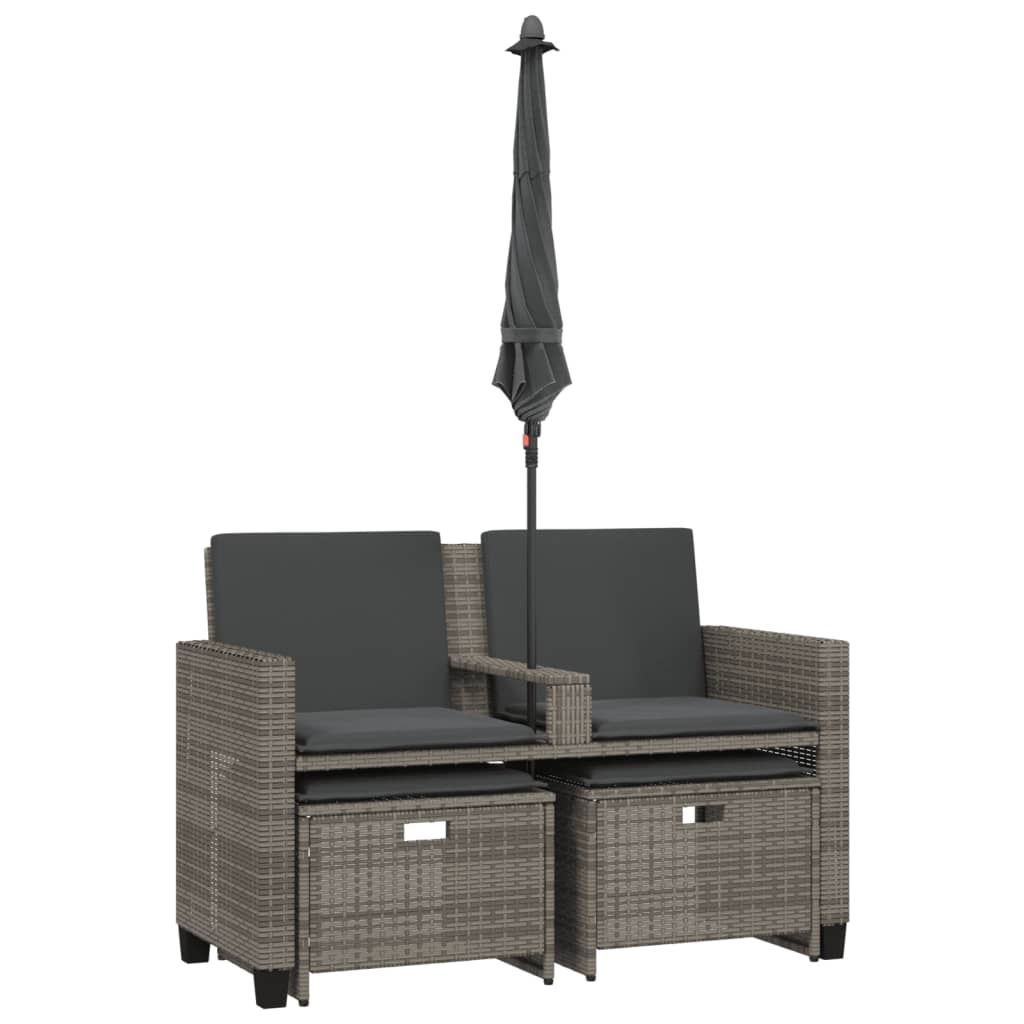 vidaXL Καναπές Κήπου Διθέσιος με Ομπρέλα & Σκαμπό Γκρι Συνθ. Ρατάν