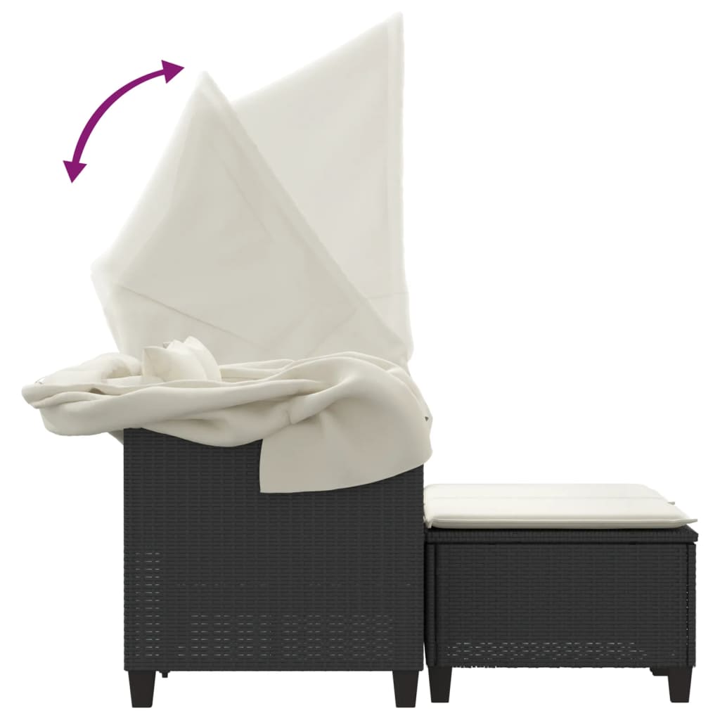 vidaXL Καναπές Κήπου Διθέσιος με Σκίαστρο & Σκαμπό Μαύρος Συνθ. Ρατάν
