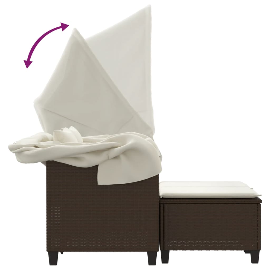 vidaXL Καναπές Κήπου Διθέσιος με Σκίαστρο & Σκαμπό Καφέ Συνθ. Ρατάν