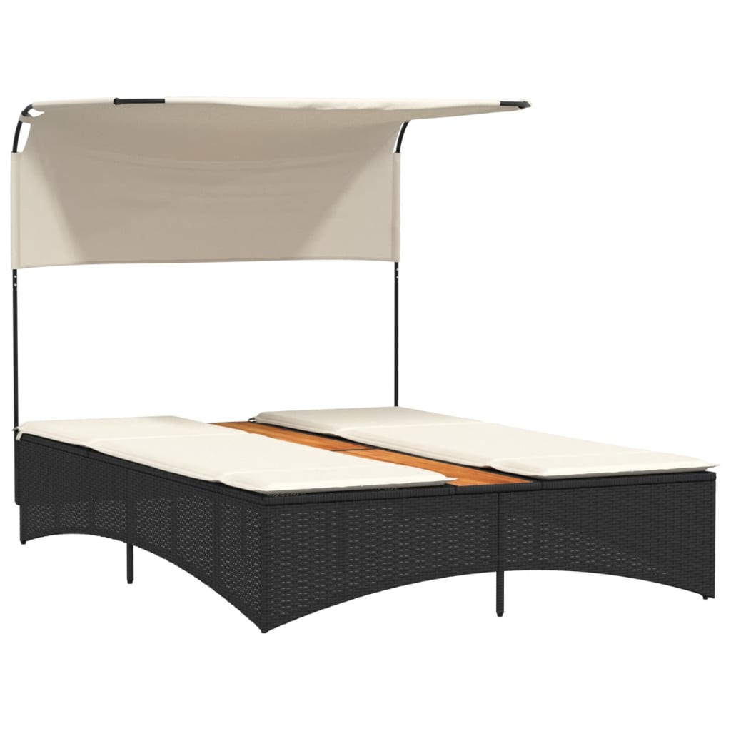 vidaXL Ξαπλώστρα Διπλή Μαύρη Συνθετικό Ρατάν με Σκίαστρο και Μαξιλάρια