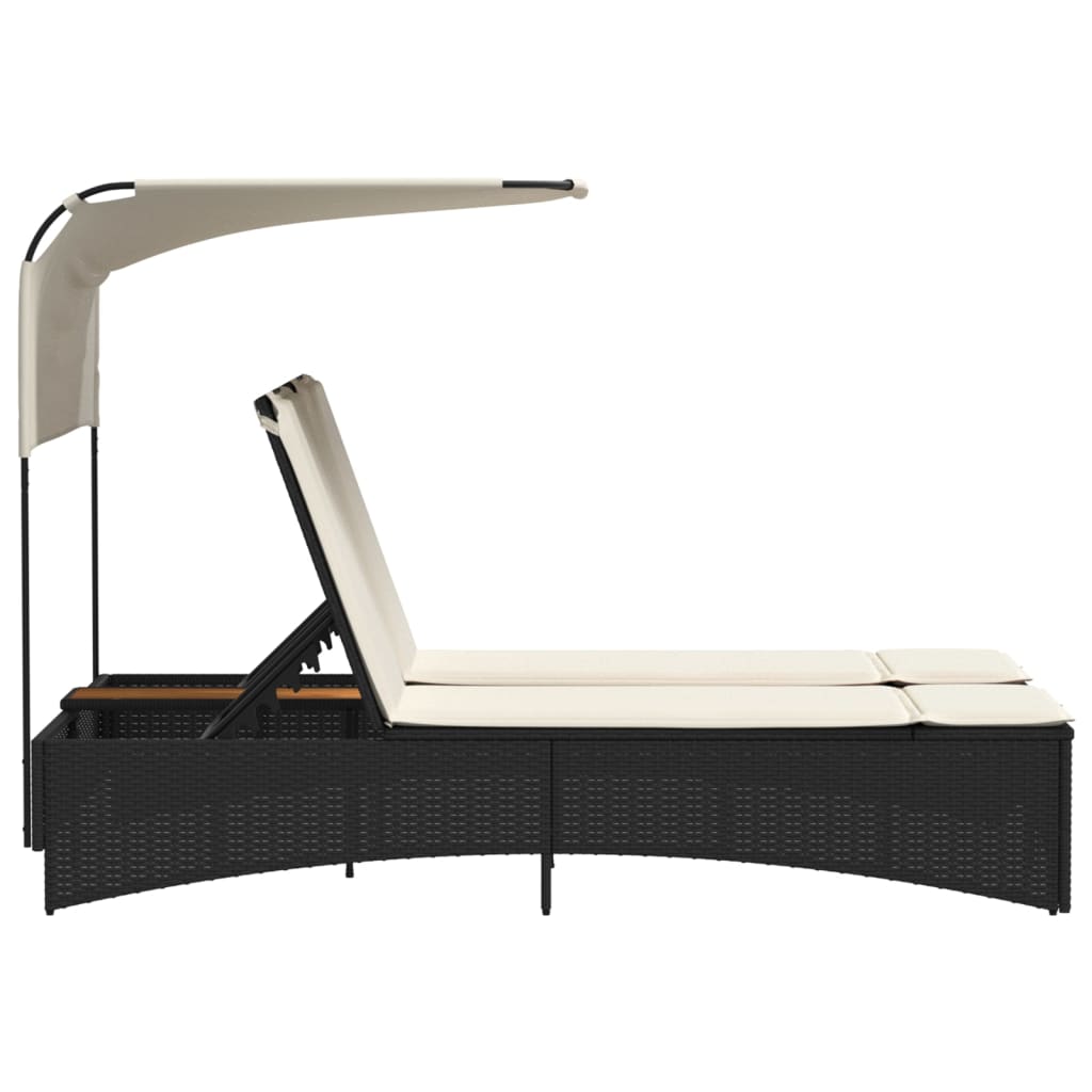 vidaXL Ξαπλώστρα Διπλή Μαύρη Συνθετικό Ρατάν με Σκίαστρο και Μαξιλάρια