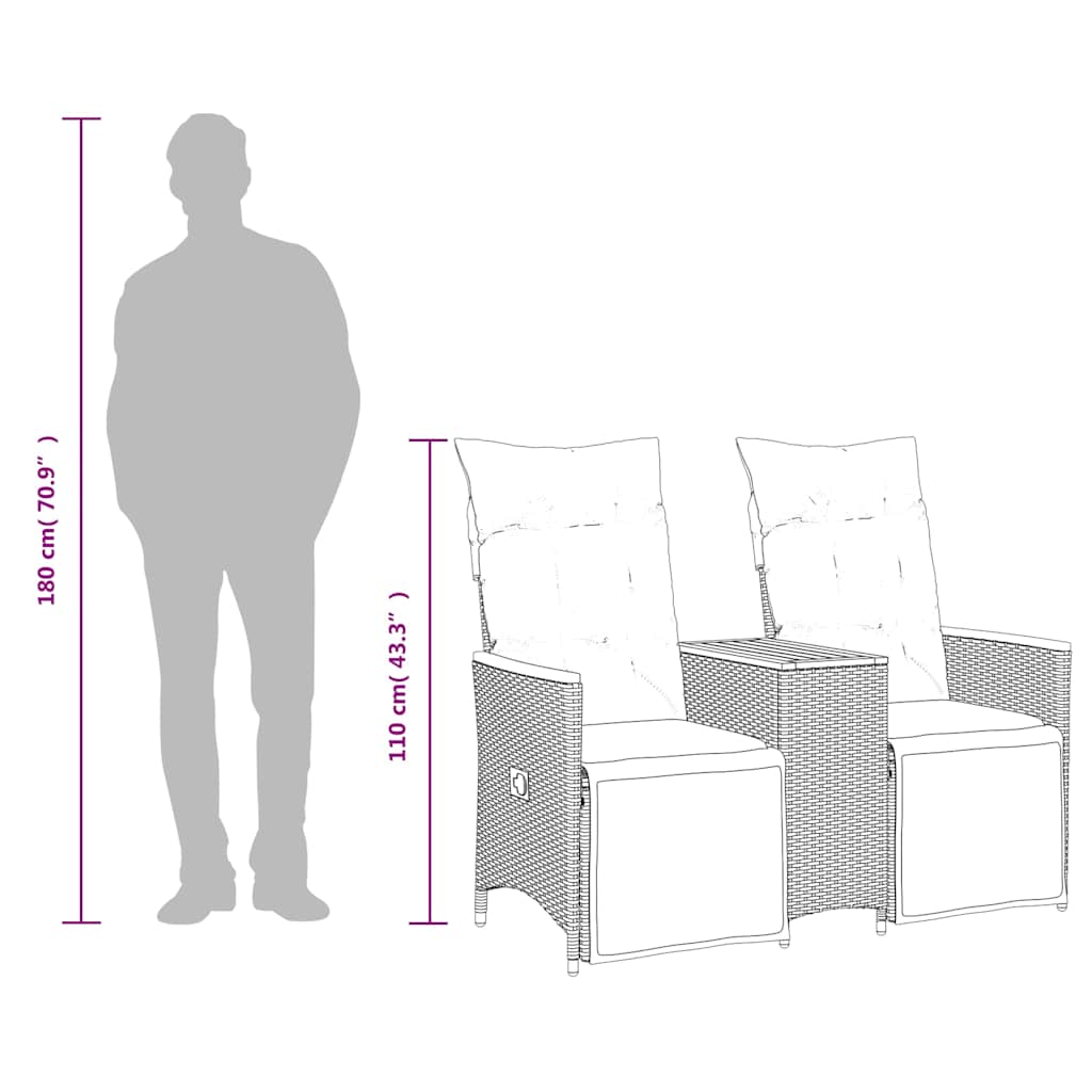 vidaXL Καναπές Κήπου Διθέσιος Ανακλινόμενος με Τραπέζι από Γκρι Συνθετικό Ρατάν