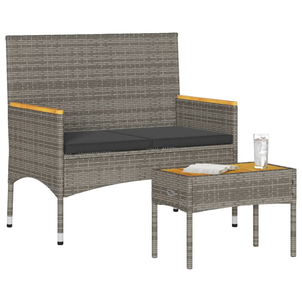vidaXL Παγκάκι Κήπου Διθέσιο Γκρι Συνθετικό Ρατάν με Μαξιλάρια/Τραπέζι