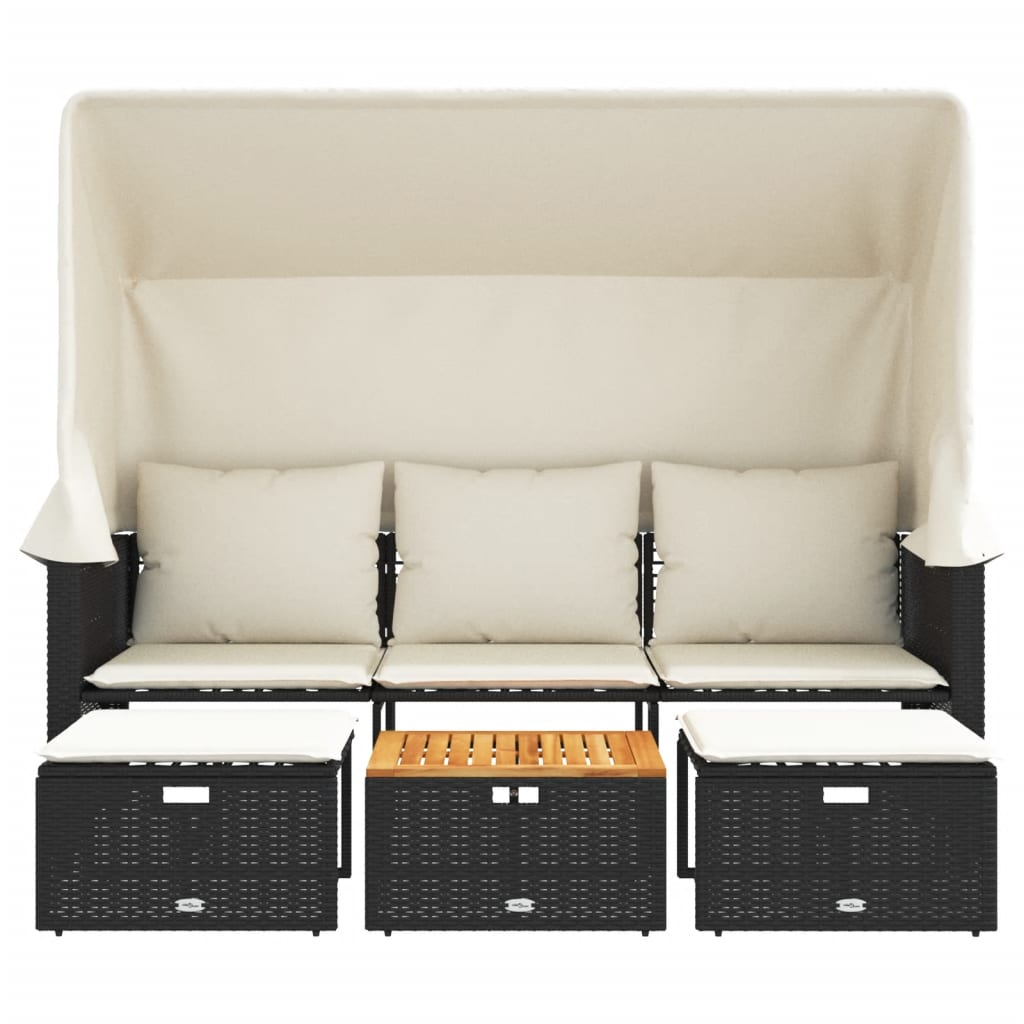 vidaXL Καναπές Κήπου Τριθέσιος με Σκίαστρο & Σκαμπό Μαύρος Συνθ. Ρατάν