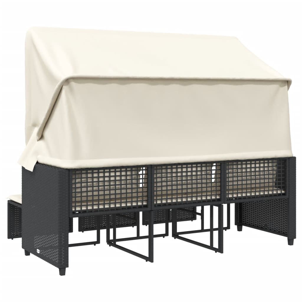 vidaXL Καναπές Κήπου Τριθέσιος με Σκίαστρο & Σκαμπό Μαύρος Συνθ. Ρατάν