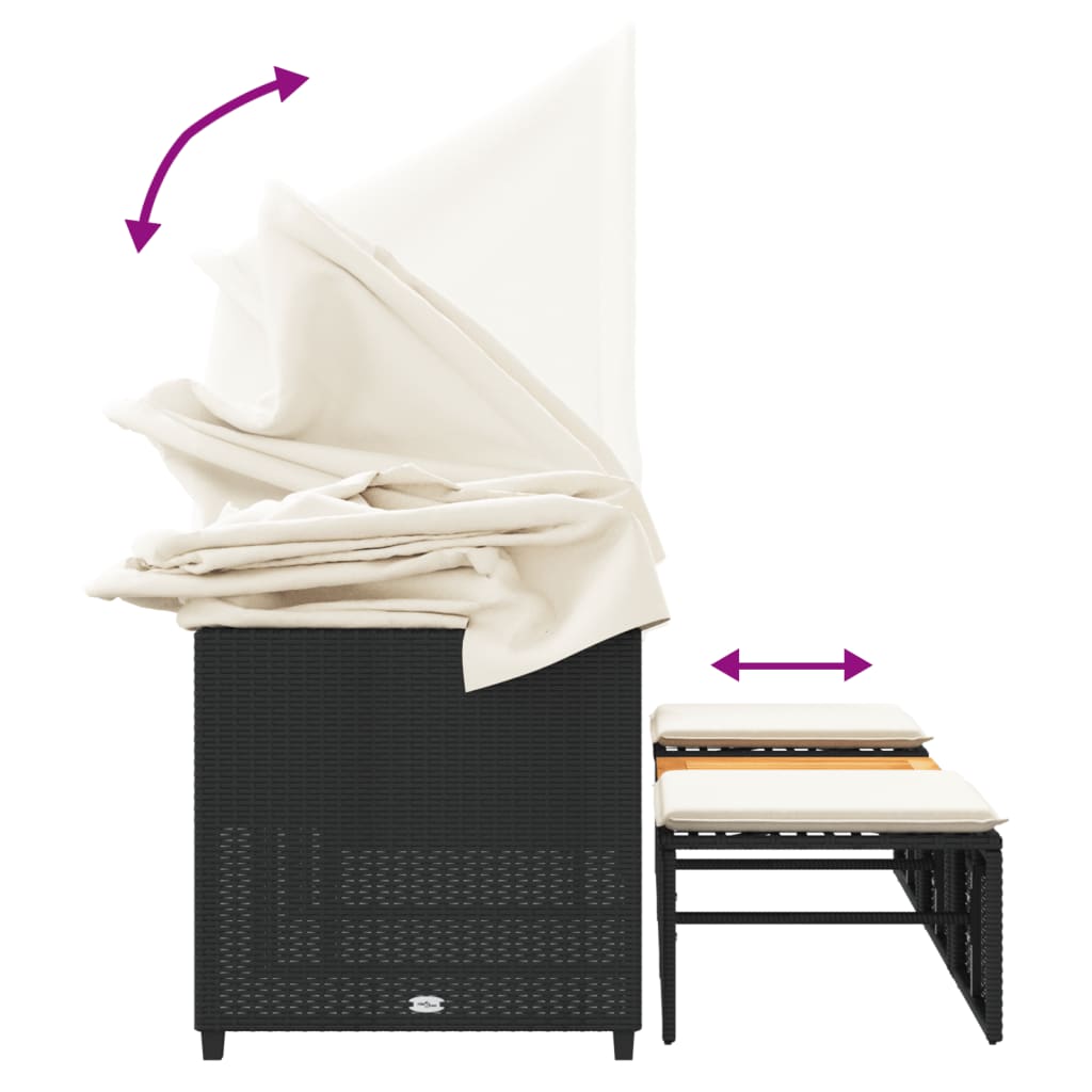 vidaXL Καναπές Κήπου Τριθέσιος με Σκίαστρο & Σκαμπό Μαύρος Συνθ. Ρατάν