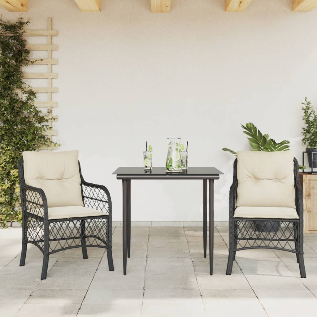 vidaXL Σετ Επίπλων Bistro 3 τεμ. Μαύρο Συνθετ. Ρατάν με Μαξιλάρια