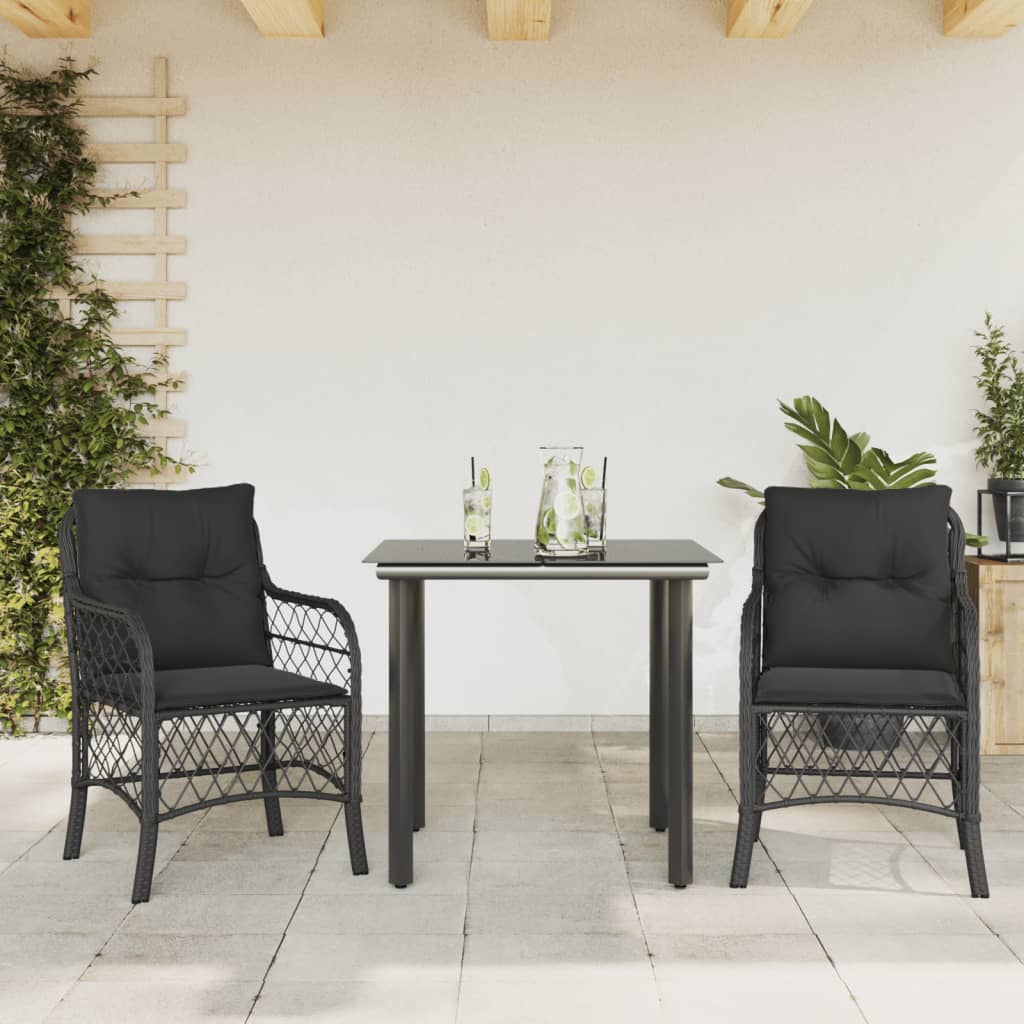vidaXL Σετ Επίπλων Bistro 3 τεμ. Μαύρο Συνθετ. Ρατάν με Μαξιλάρια