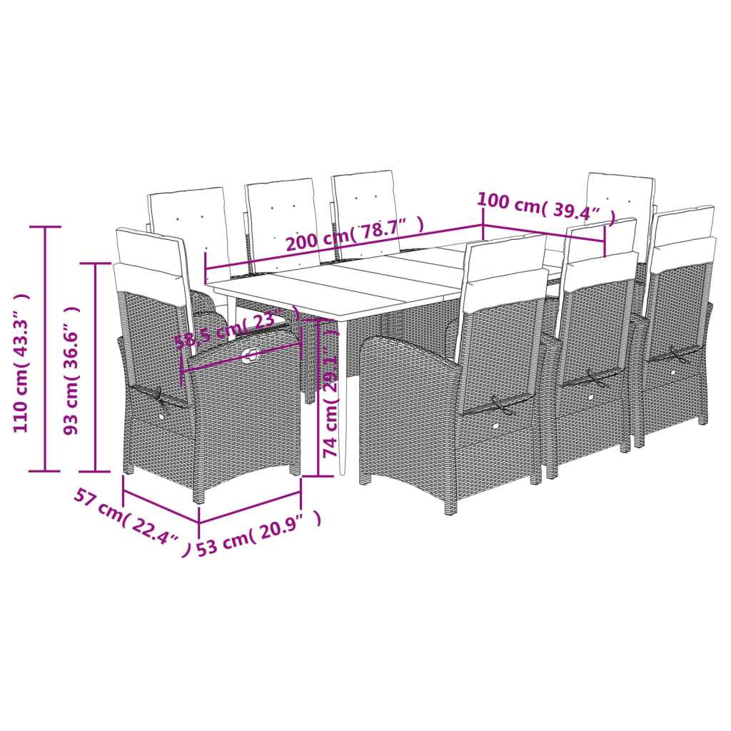 vidaXL Σετ Τραπεζαρίας Κήπου 9 τεμ. Γκρι Συνθ. Ρατάν με Μαξιλάρια
