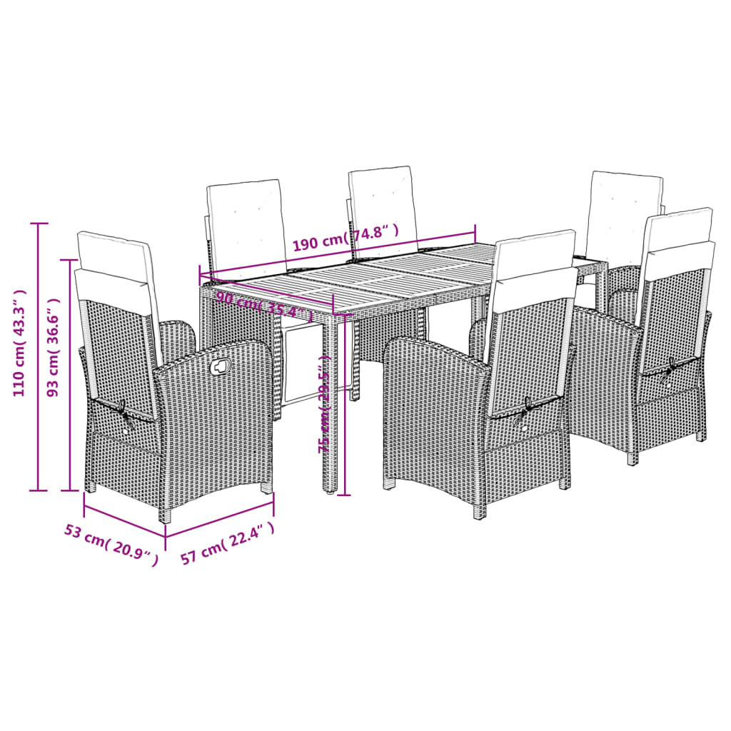 vidaXL Σετ Τραπεζαρίας Κήπου 7 Τεμ. Μαύρο Συνθετικό Ρατάν με Μαξιλάρια
