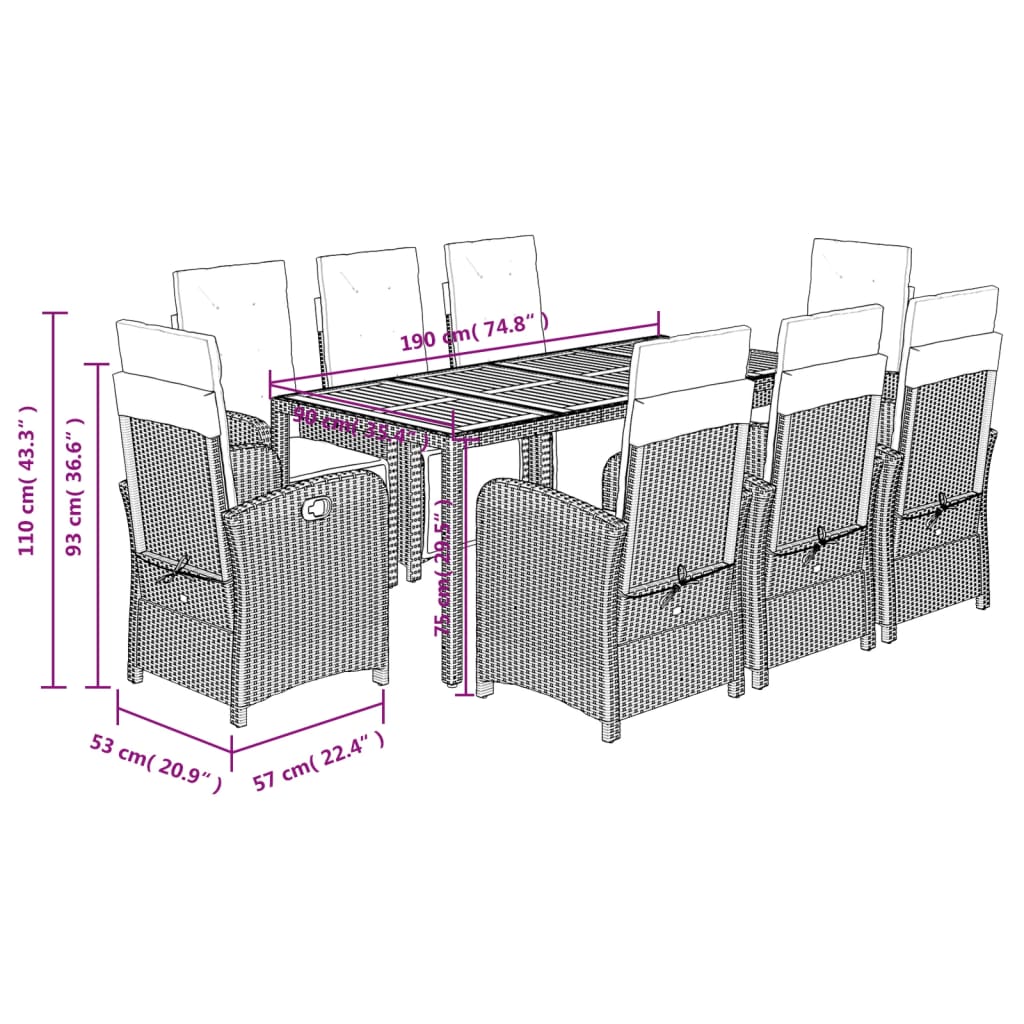vidaXL Σετ Τραπεζαρίας Κήπου 9 τεμ Μαύρο από Συνθ. Ρατάν με Μαξιλάρια