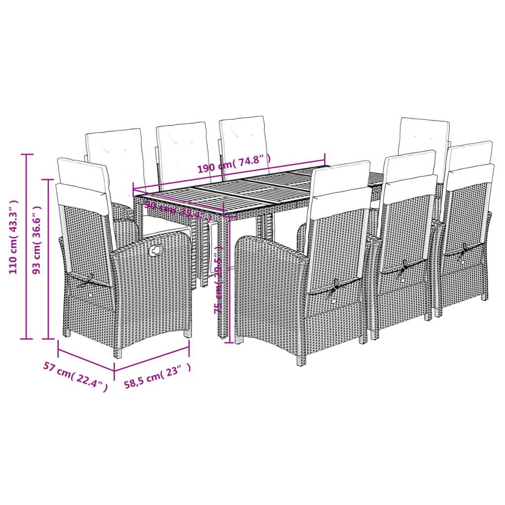 vidaXL Σετ Τραπεζαρίας Κήπου 9 τεμ Μαύρο από Συνθ. Ρατάν με Μαξιλάρια